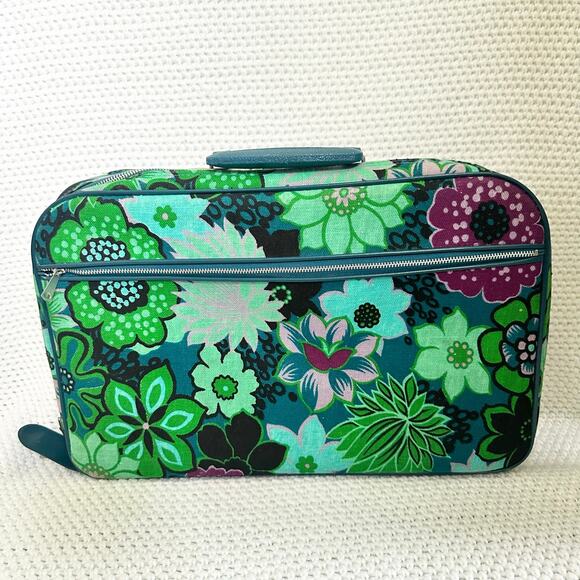 Vintage 60s Green Mod Groovy Floral Print 3 Piece Soft Shell Japan Suitcase Set - Picture 6 of 16